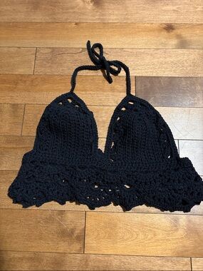 Handmade Crochet Bralette Top - Black Cotton